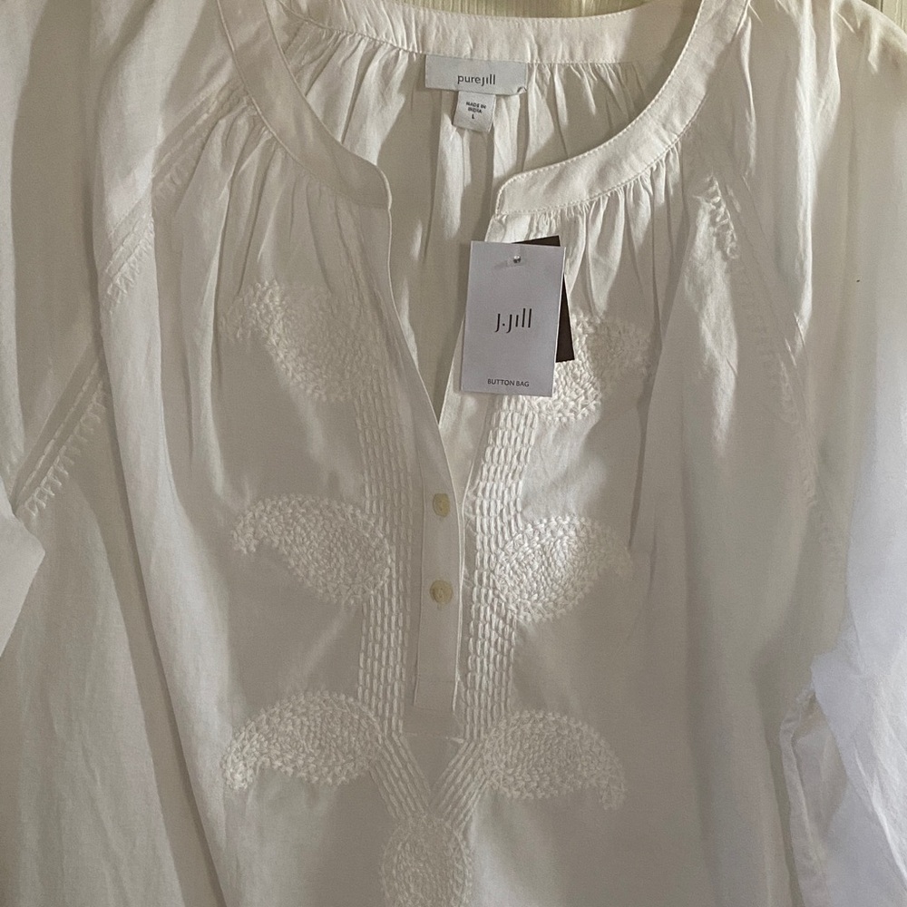 J. Jill Cream Embroidered Split-Neck Tunic Blouse